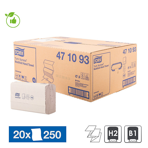 Essuie-mains pliés enchevêtrés Tork MultiFold Universal H2, 20 paquets de 250