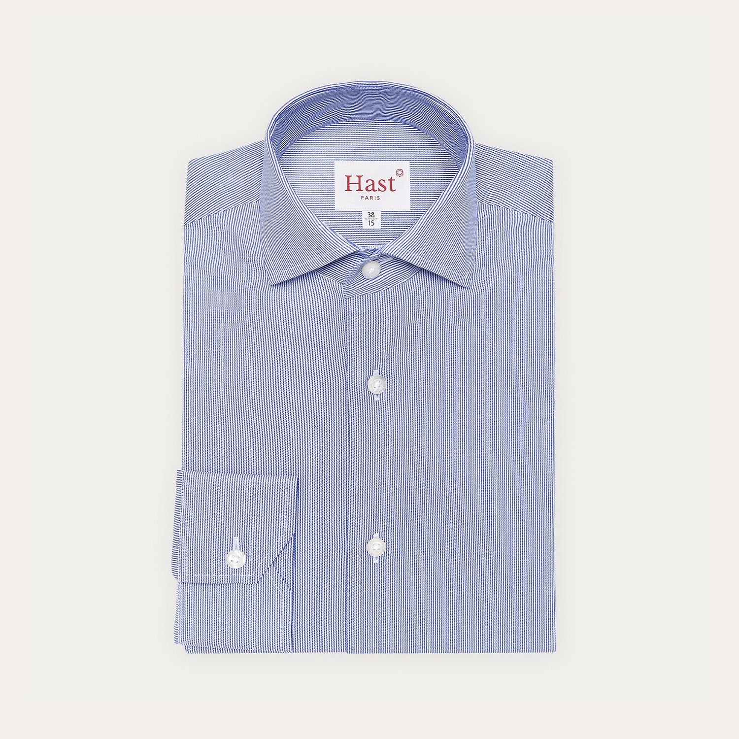 Fitted shirt in double-twisted twill with fine navy blue stripes