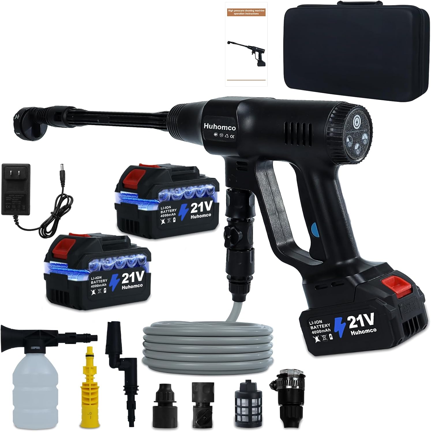 Akku Hochdruckreiniger mit 2 Akku 4.0Ah, 3-Gang-Modus Max 200Bar, Hydroplast Pressure Washer Druckreiniger Mobiler, Multifunktionale Mobiler Hochdruckreiniger mit 6-in-1 und 180° Drehbare Düse