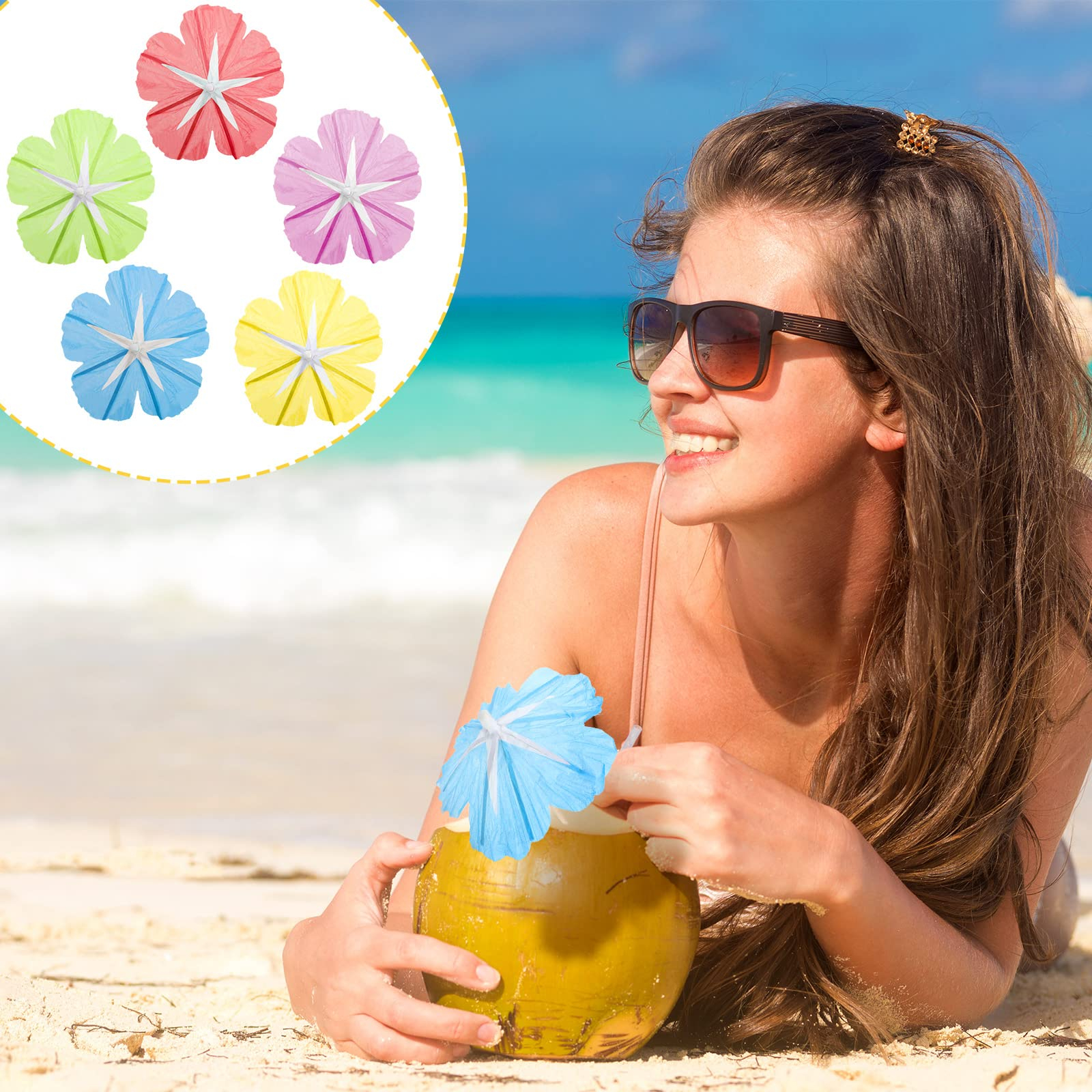 (50er Set) Papier Cocktail Schirmchen Sommer Party Spiesse Deko Getränke Schirm - Hibiskus Blüte