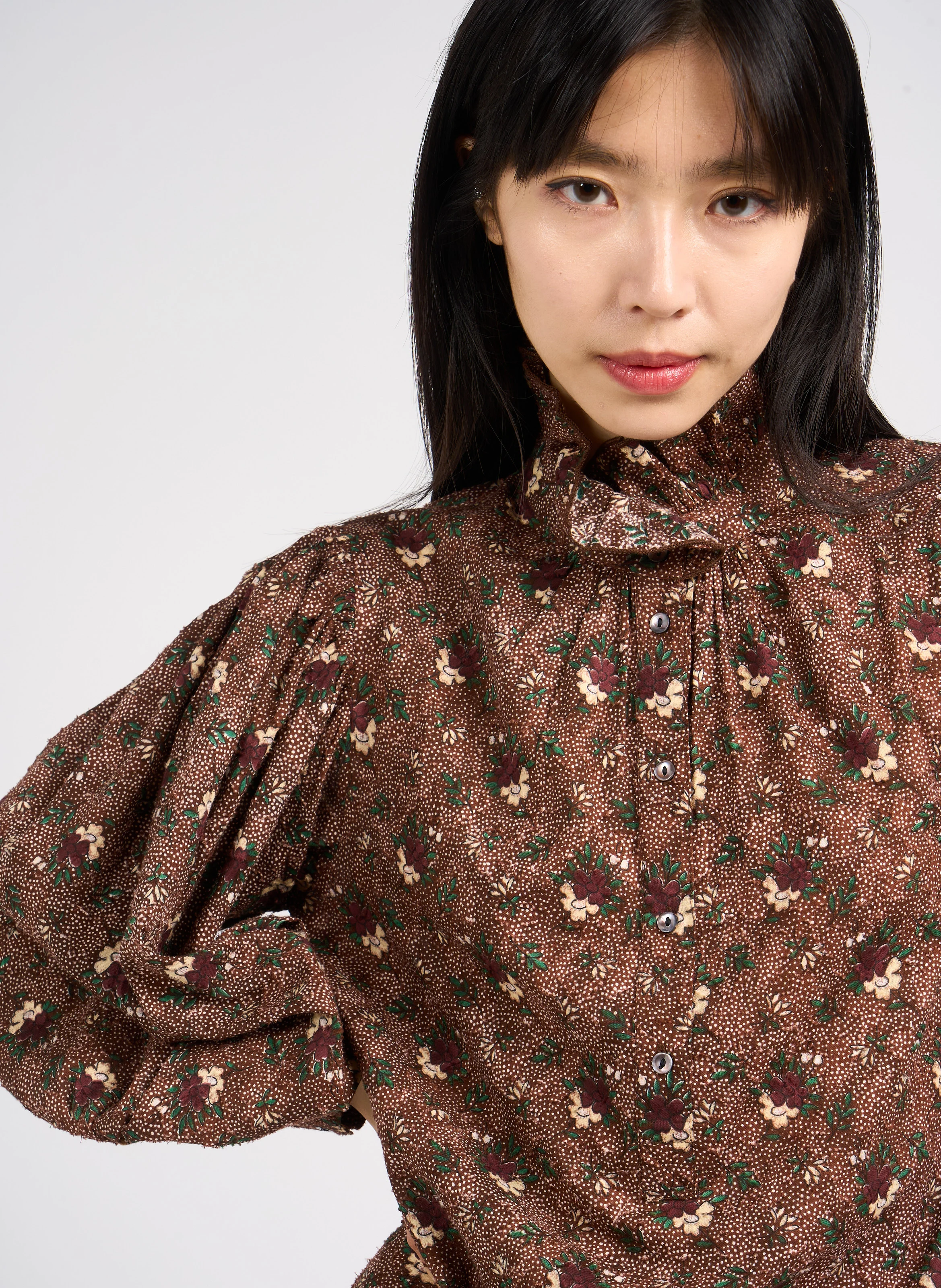 PADDY - Robe longue droite col montant en coton | Marron