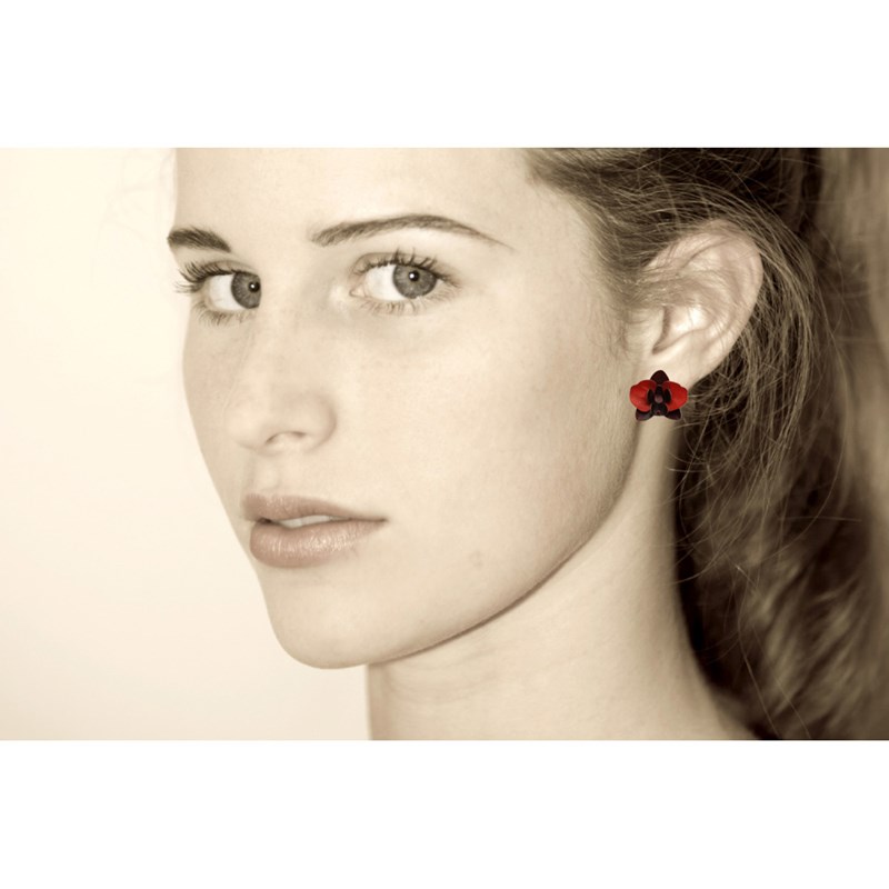 Boucles d'Oreilles Clous Laiton Orchidée en Cuir