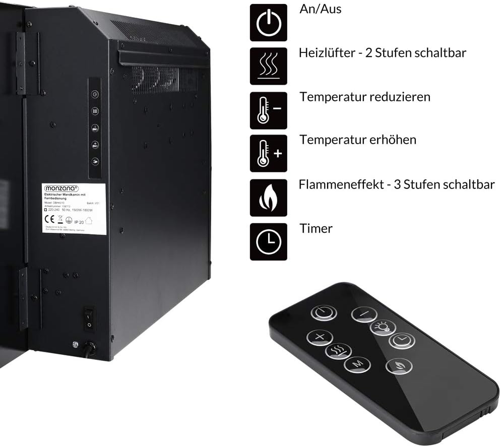 MONZANA® Wandkamin Elektrokamin Heizung Heizlüfter Head Up Display 900W / 1800W Thermostat Fernbedienung Timer Dimmbar Kaminfeuer Kaminofen Kamin
