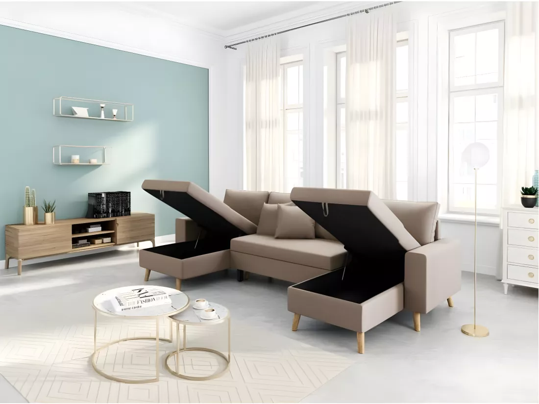 Canapé Panoramique Scandinave Convertible 2 Coffres en Tissu Déperlant