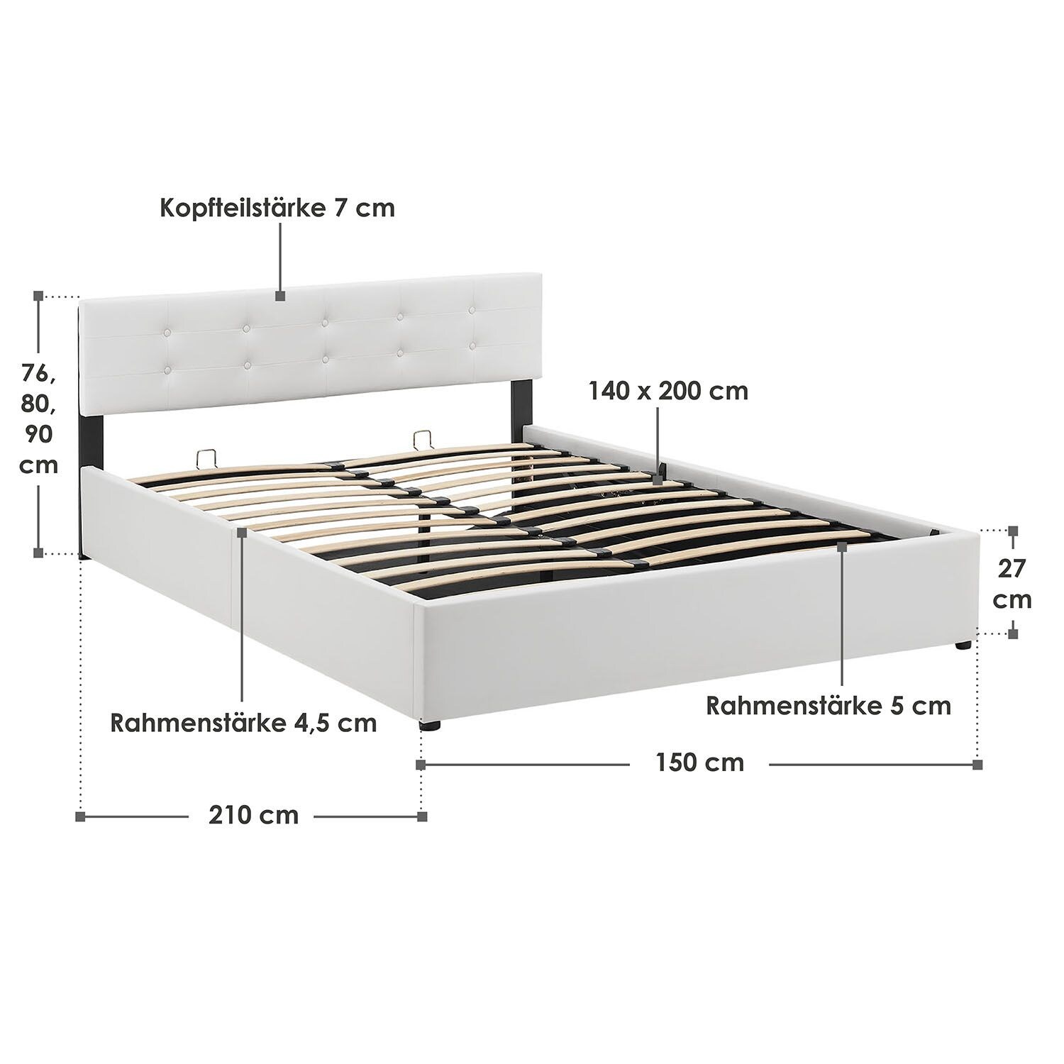 Juskys Polsterbett Marbella 140x200 cm weiß mit Bettkasten & Lattenrost – Bett mit Holzgestell
