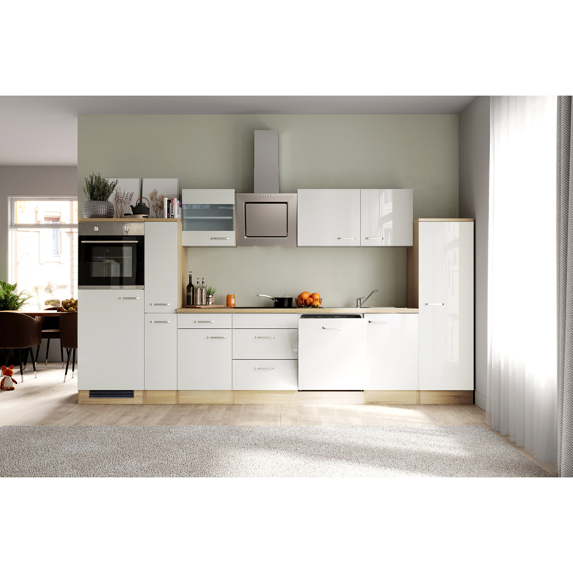 Küchenblock VALERO - weiß Hochglanz - Sonoma Eiche - mit E-Geräten - 360 cm