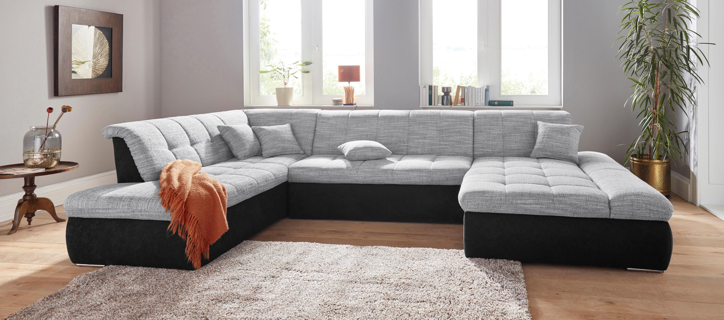 DOMO collection Wohnlandschaft »PB Moric wahlweise mit Bettfunktion und Armteilverstellung   U-Form« XXL-Format B/T/H: 353/216/80 cm, feine Steppung, incl. Zierkissen