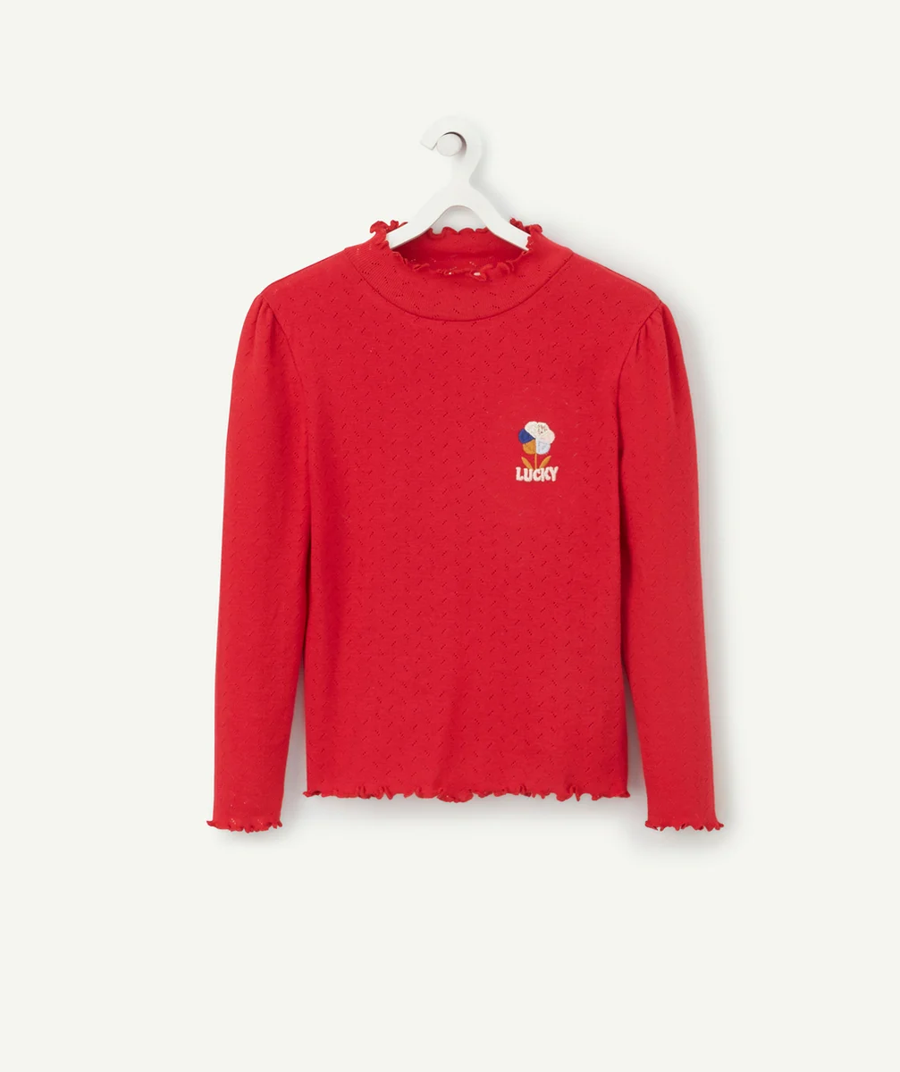 SOUS PULL COL MONTANT VOLANTÉ ROUGE FILLE EN COTON BIO