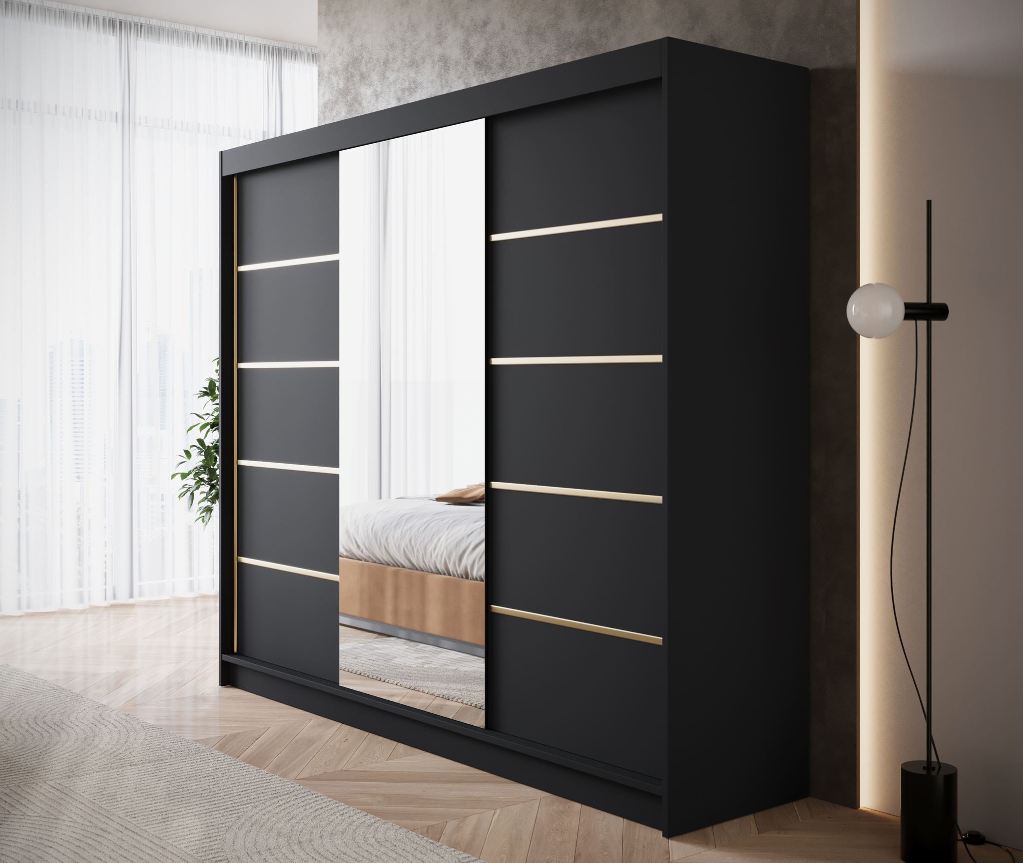 Eagle - Kledingkast met spiegel - Zwart - 250x58x215 cm