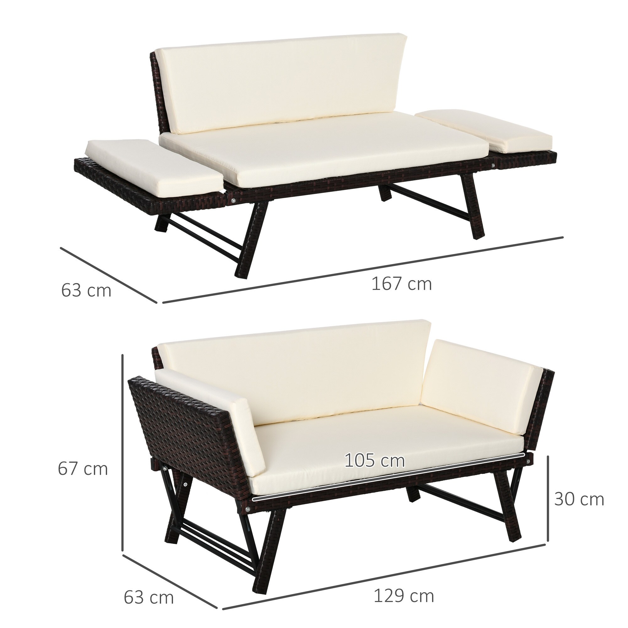 Outsunny Gartensofa mit klappbaren Armlehnen 129 x 66 x 67 cm (LxBxH)