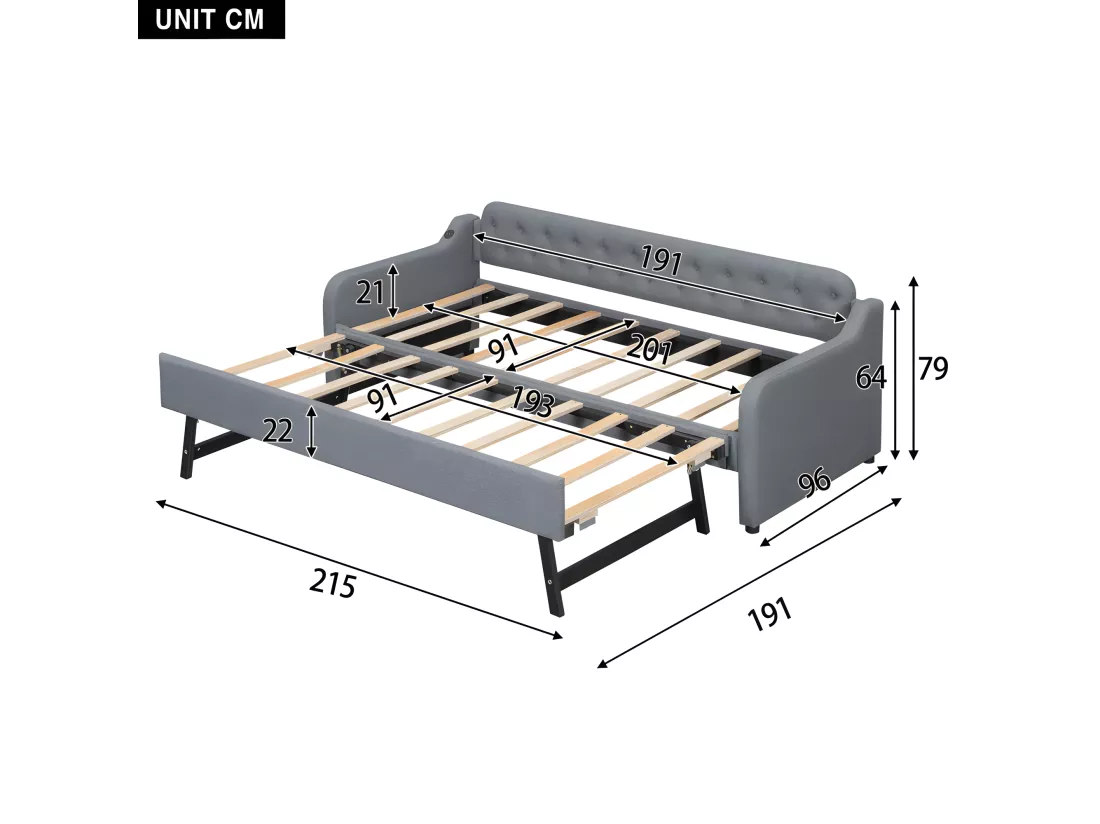 Lit gigogne 90x200cm - avec Port USB - tissu en Lin - Gris
