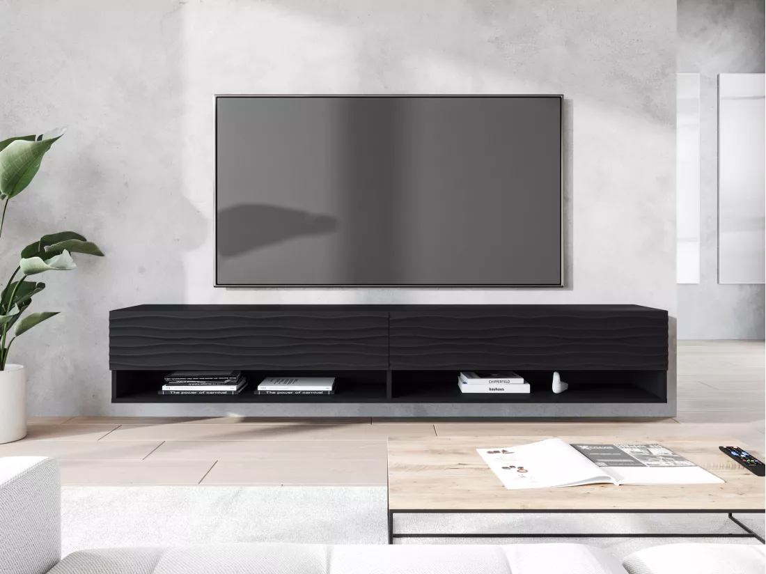 Meuble TV - 180 cm - noir graphite/noir avec façade à motif ondulé - sans LED - WANDER