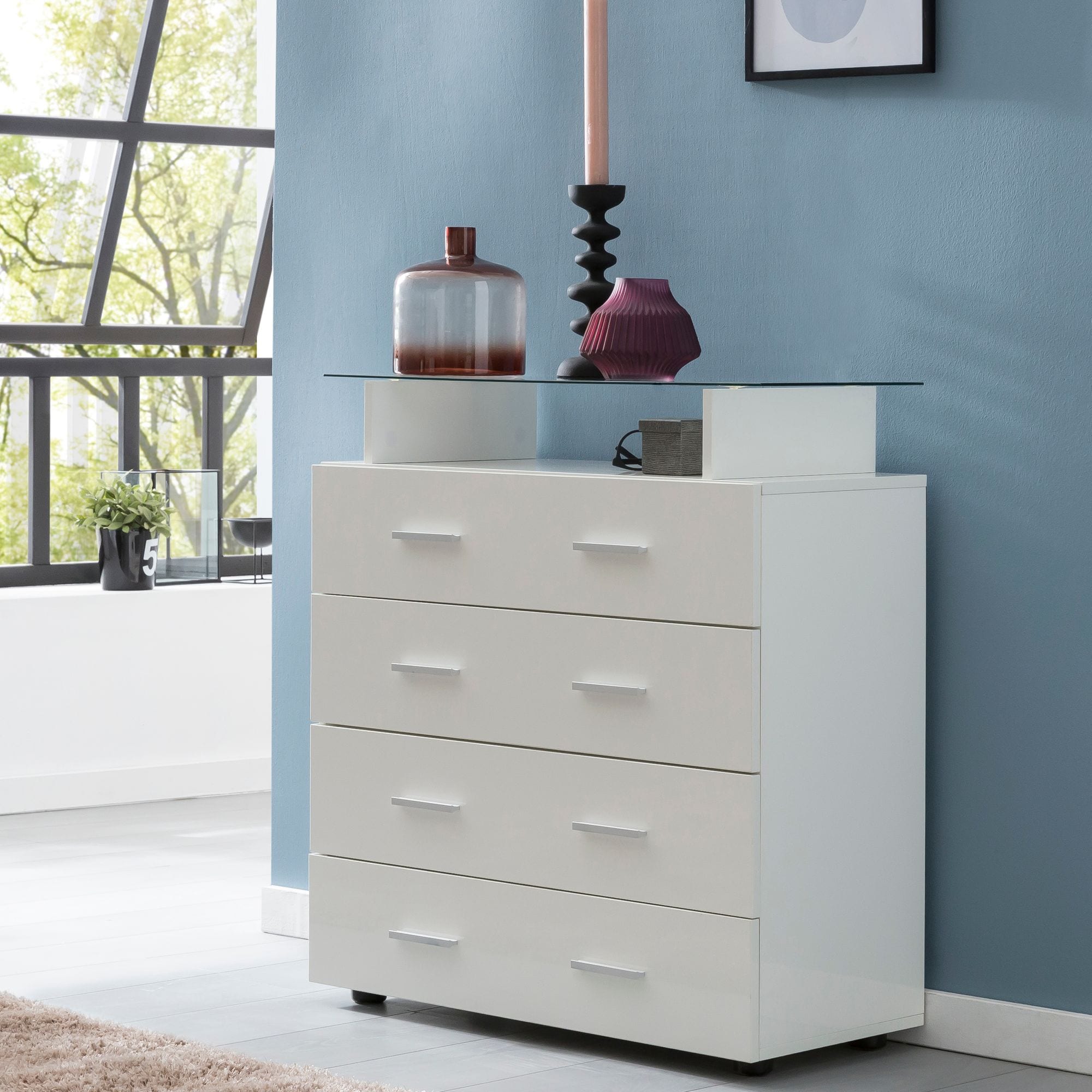 FineBuy Sideboard Weiß Kommode Hochglanz Schubladenschrank 76x84x35 cm
