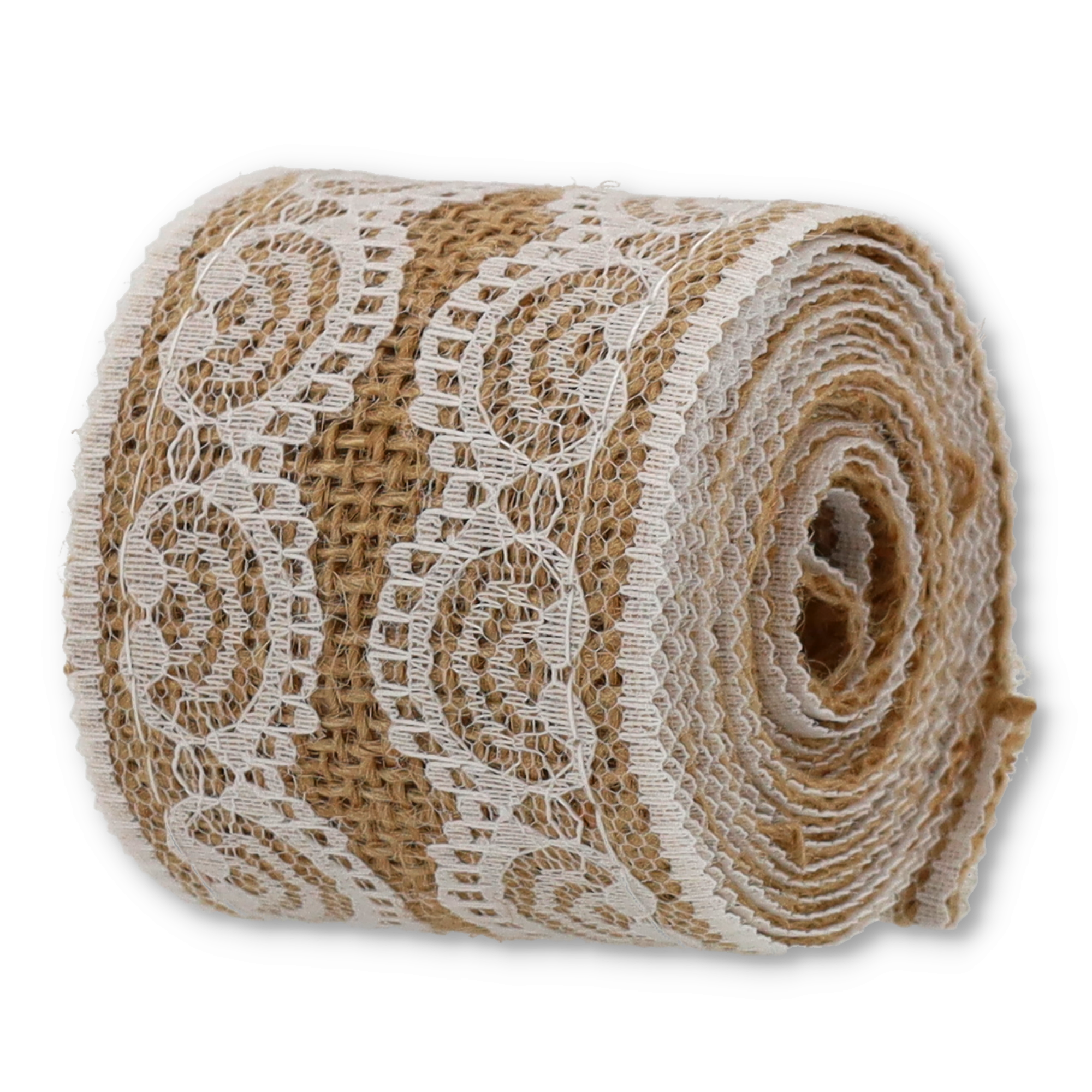 (5er Set) 50mmx2m Jute Geschenkband Vintage Deko Hygge Lifestyle Band mit Spitzenbordüre - Braun / Weiss