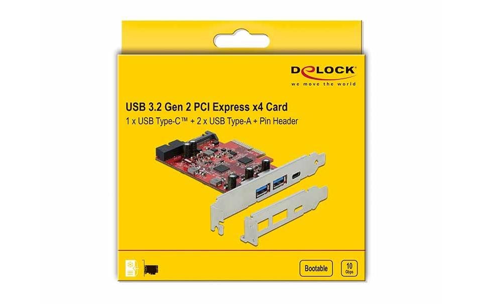 PCI-Express-Karte USB-C / USB-A / intern USB 5 GbpsDelock PCI Express x4 Karte zu 1 x extern USB Type-C Buchse + 2 x extern USB Typ-A Buchse SuperSpeed USB 10 Gbps + 1 x intern USB 5 Gbps Pfostenstecker