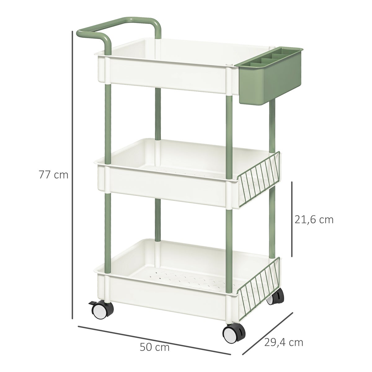 HOMCOM Rolwagen, serveerwagen met 3 niveaus, hangmand, opbergwagen met handvat, keukenwagen, bijzettafel voor keuken, woonkamer, kantoor, staal, wit