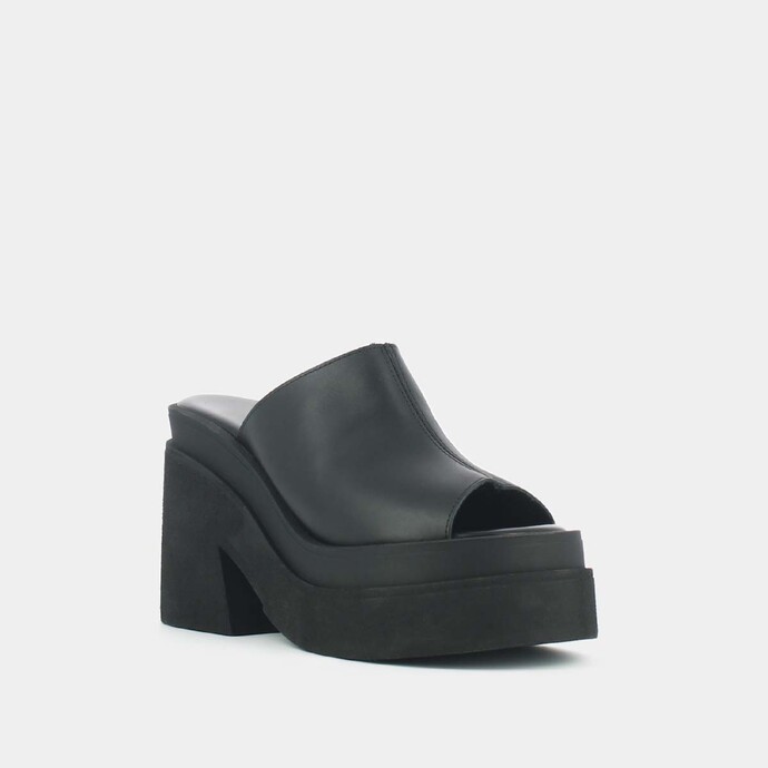 Mules à bouts ouverts et semelles épaisses  en cuir noir