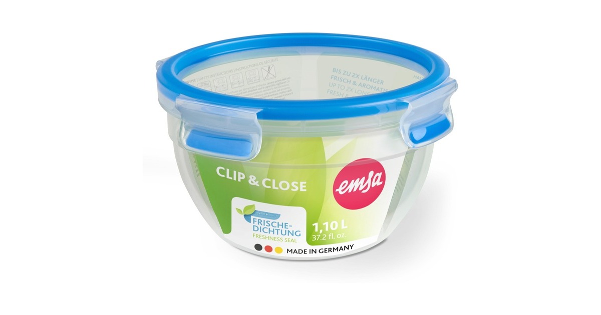 EmsaClip & Close vershoudbakje 1,1 L rondvormig doos  (Transparant/blauw, ruod, Ø 16,7cm)