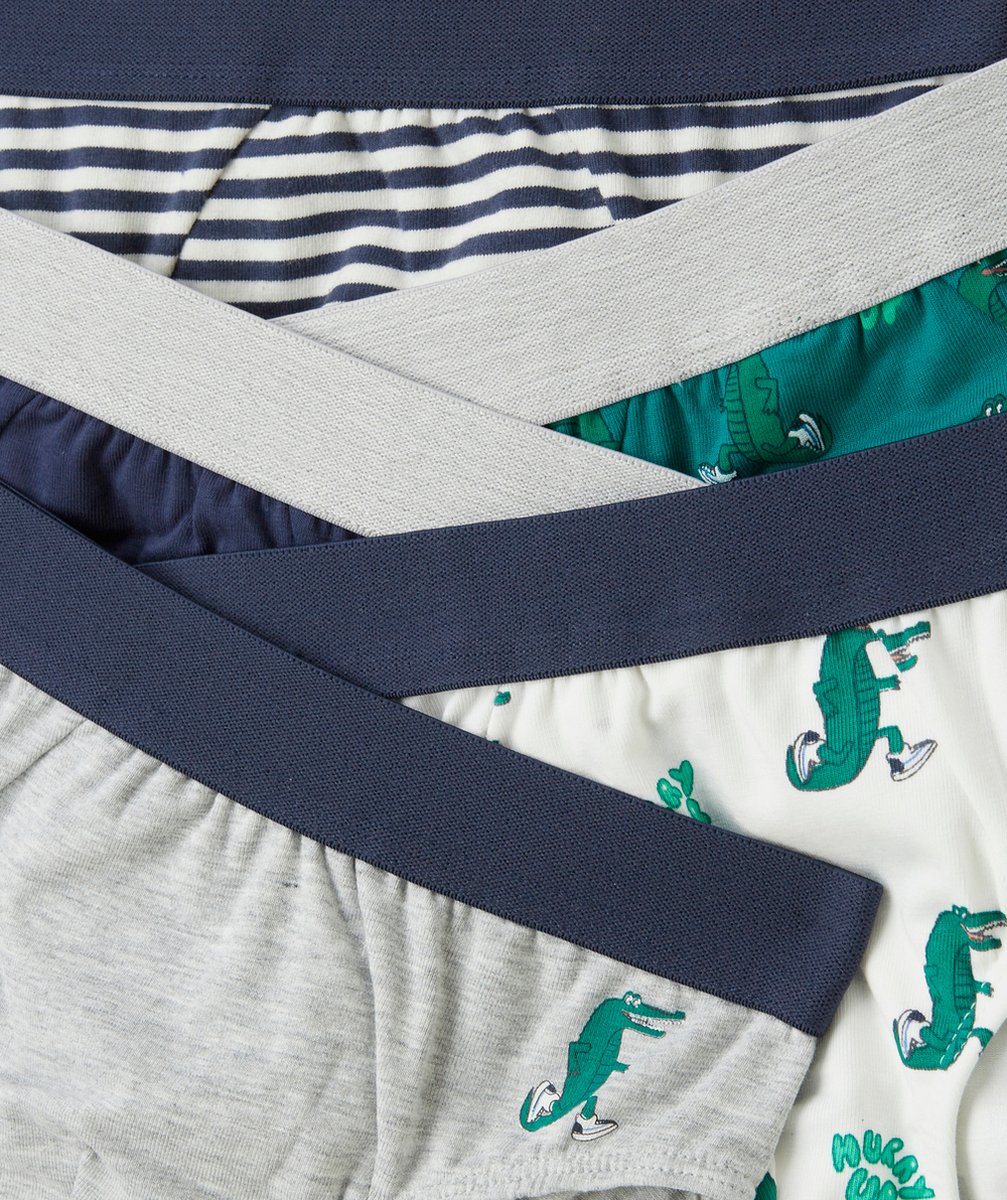 lot de 5 boxers garçon en coton bio bleu gris et vert thème crocodiles