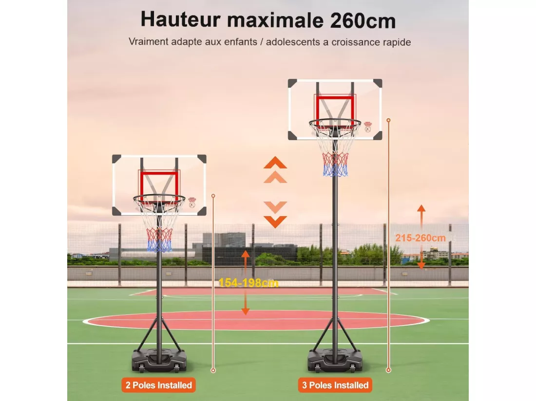 Panier de Basket-Ball, 1,54-2,6 m rapidement réglable, avec base remplissant et 2 roues, pour Enfant/Adultes - 86x81x260cm