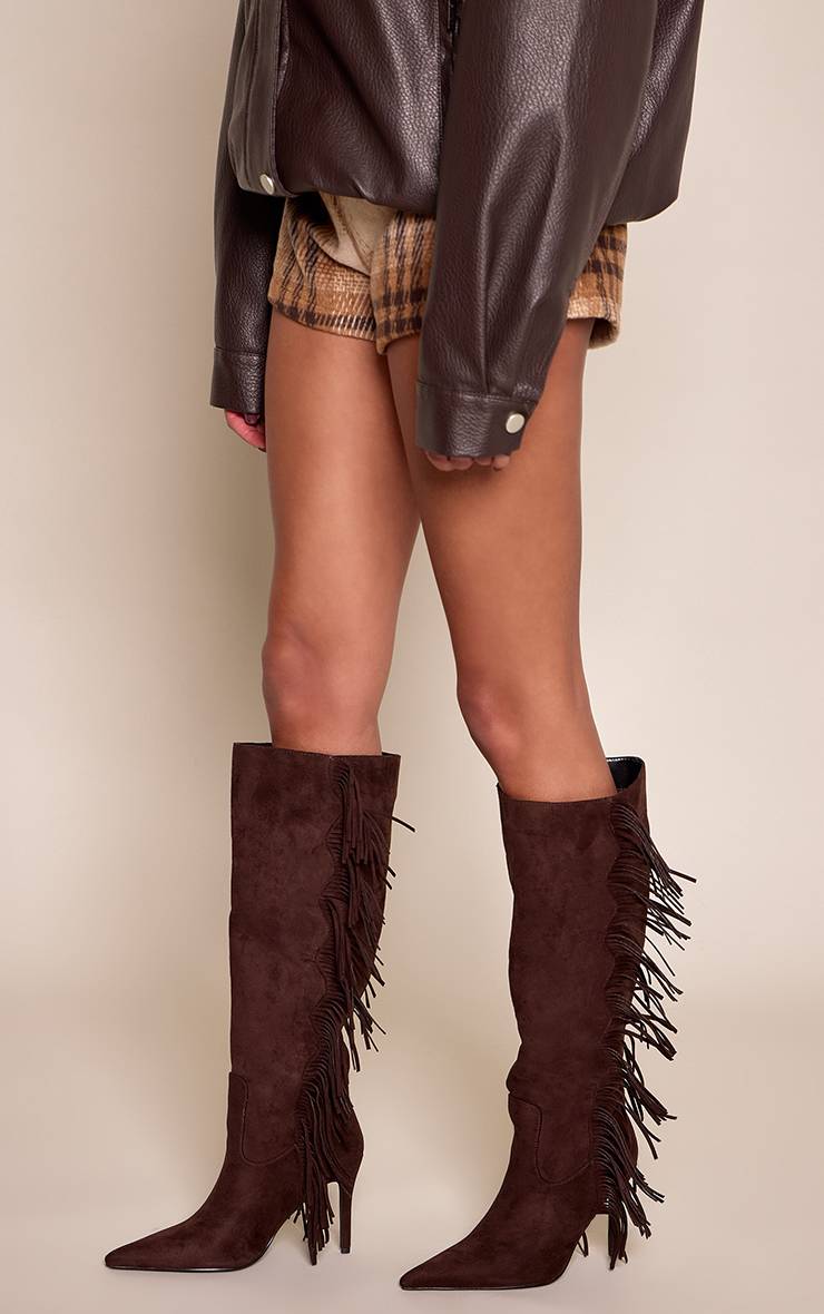 Chocolat Bottes Hautes À Talons En Synthétique À Franges