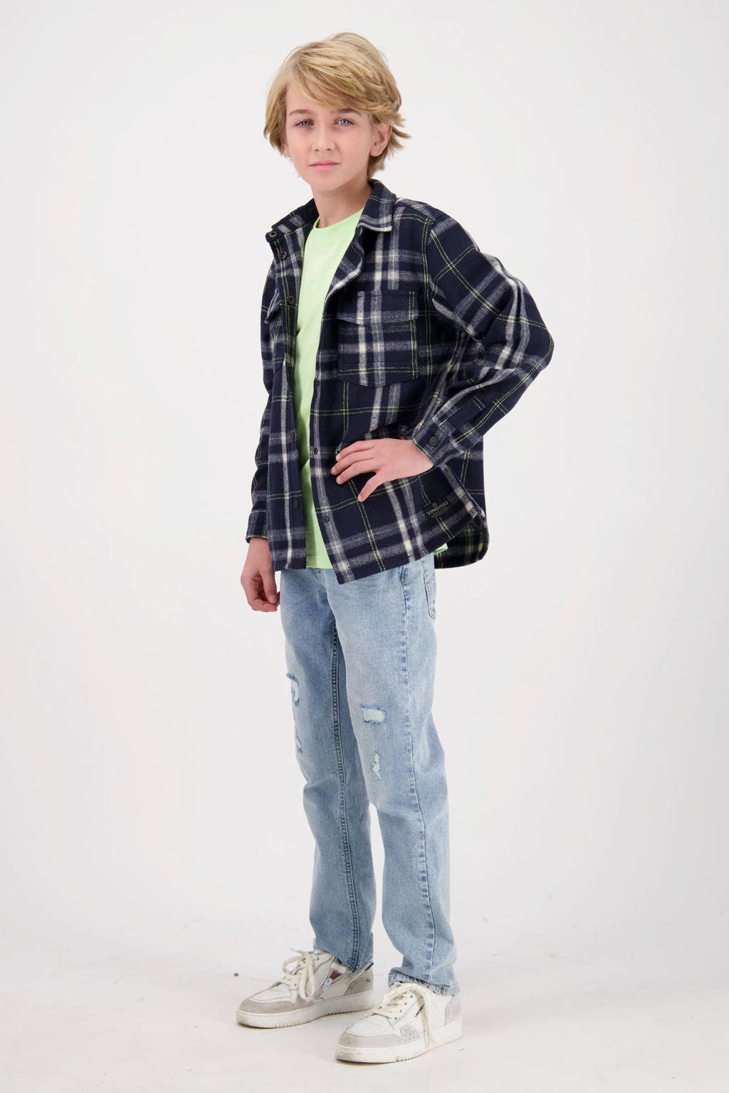 Vingino geruit overshirt Lezar donkerblauw/wit/grijs
