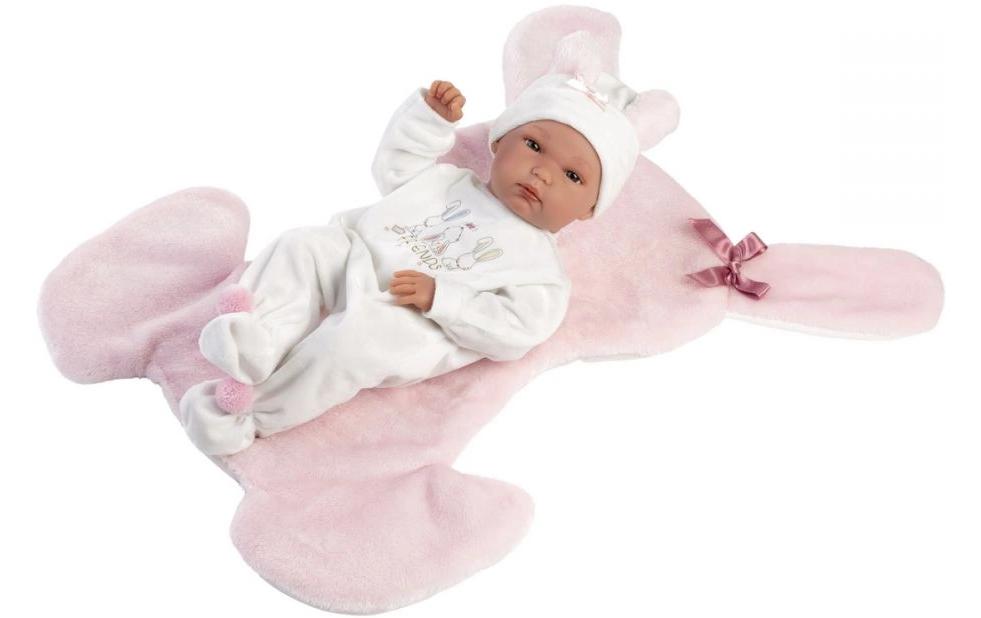 Babypuppe Bimba rosa mit Hasendecke 35 cmNew Born Puppe, komplett aus zartem Vinyl