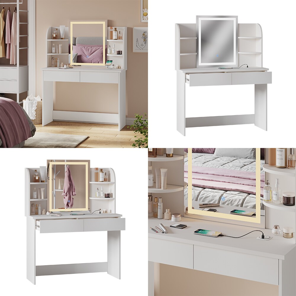 Vicco Schminktisch Charlotte Weiß 106 cm mit LED-Spiegel und QI-Ladestation