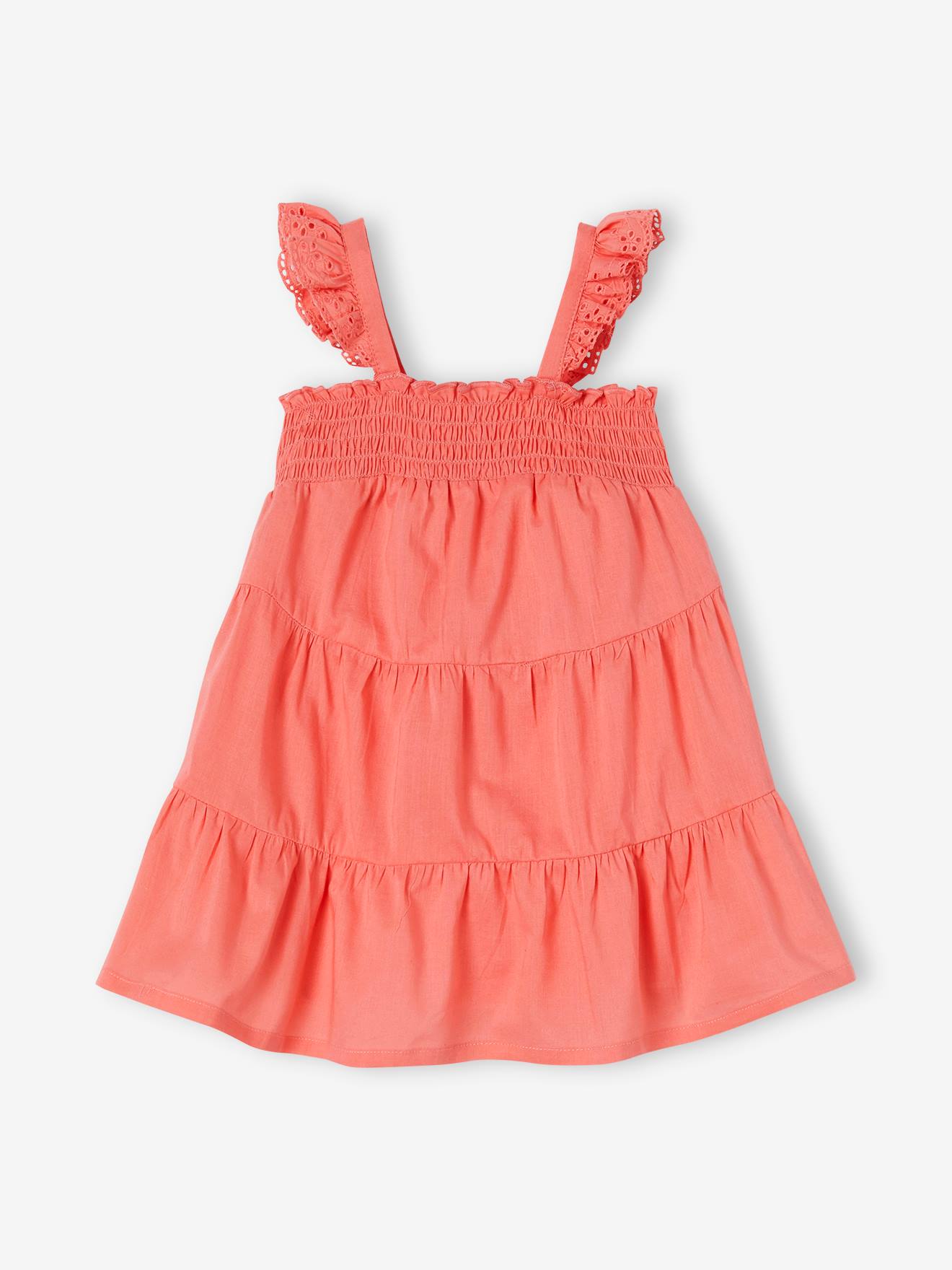 Vestido rosa para bebê com detalhes franzidos e 3 babados.