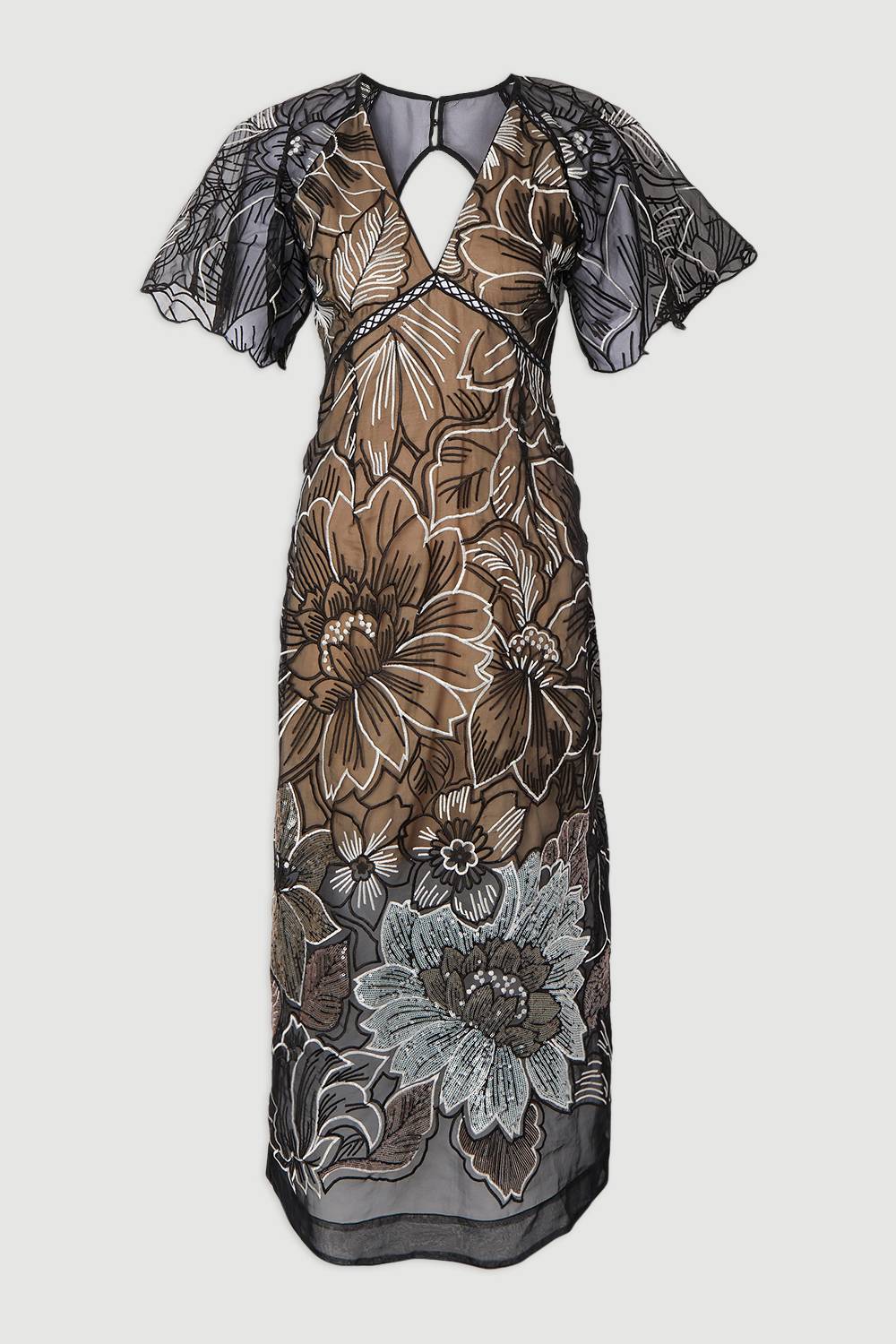 KarenMillen Robe Maxi Tissée en Organdi à Col V Profond avec Broderie Main et Sequins