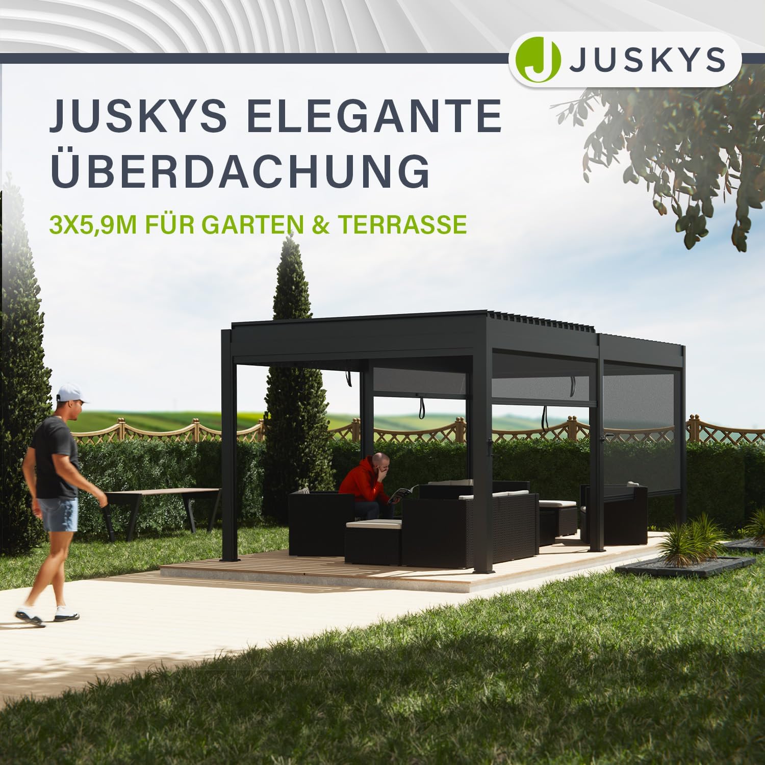 Juskys Lamellendach Tahiti 3x5,9 m - Stahl Pergola - Terrassenüberdachung stabil & wetterfest - Überdachung für Garten & Terrasse - Bausatz Anthrazit