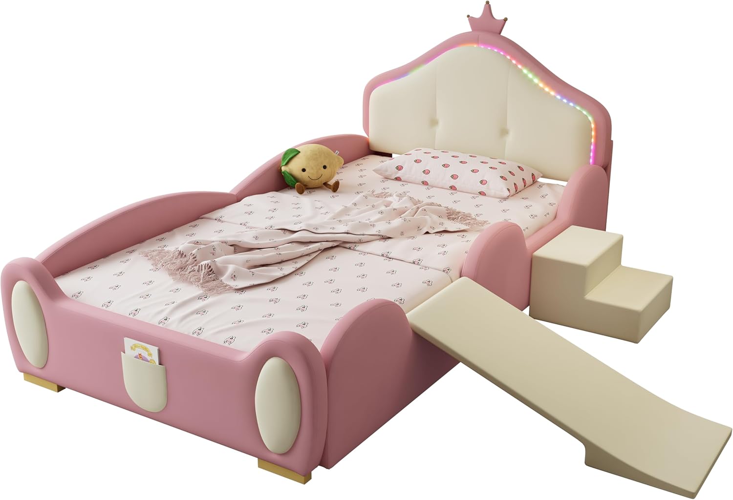 Polsterbett, Crown Cartoon Bett mit mehrfarbigem Multi-Mode-LED-Streifen, Kinderbett mit Kleiner Rutsche und Treppe, mit schützenden weichen Kanten, mit Holzlatten, PU, Rosa + Beige, 90x200cm