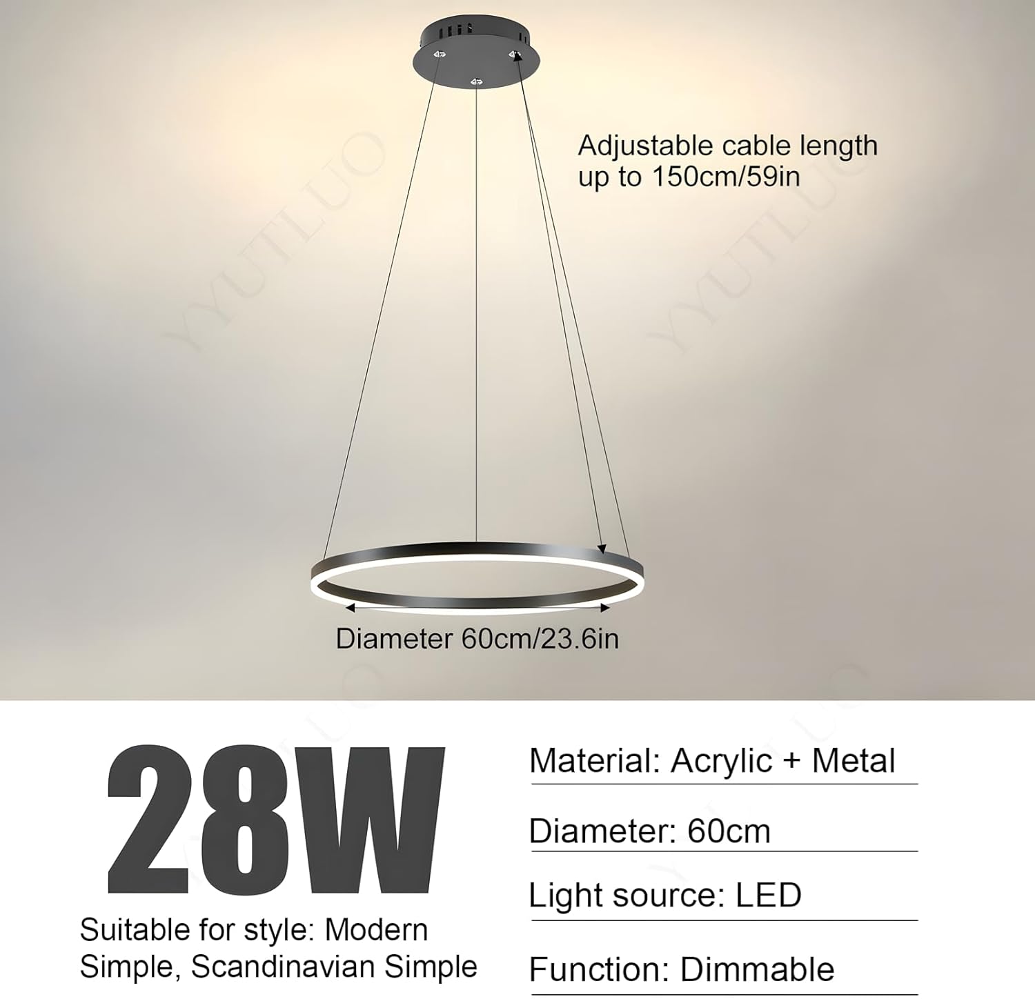 Moderner DIY-Kreis-LED-Kronleuchter | 1 Schwarz Goldringe:60cm=29W| LED-Pendelleuchte aus Metall+Acryl |2,4 G Dimmbare Fernbedienung | Runde Decken-Hängelampe Wohnzimmer Schlafzimmer Esszimmer