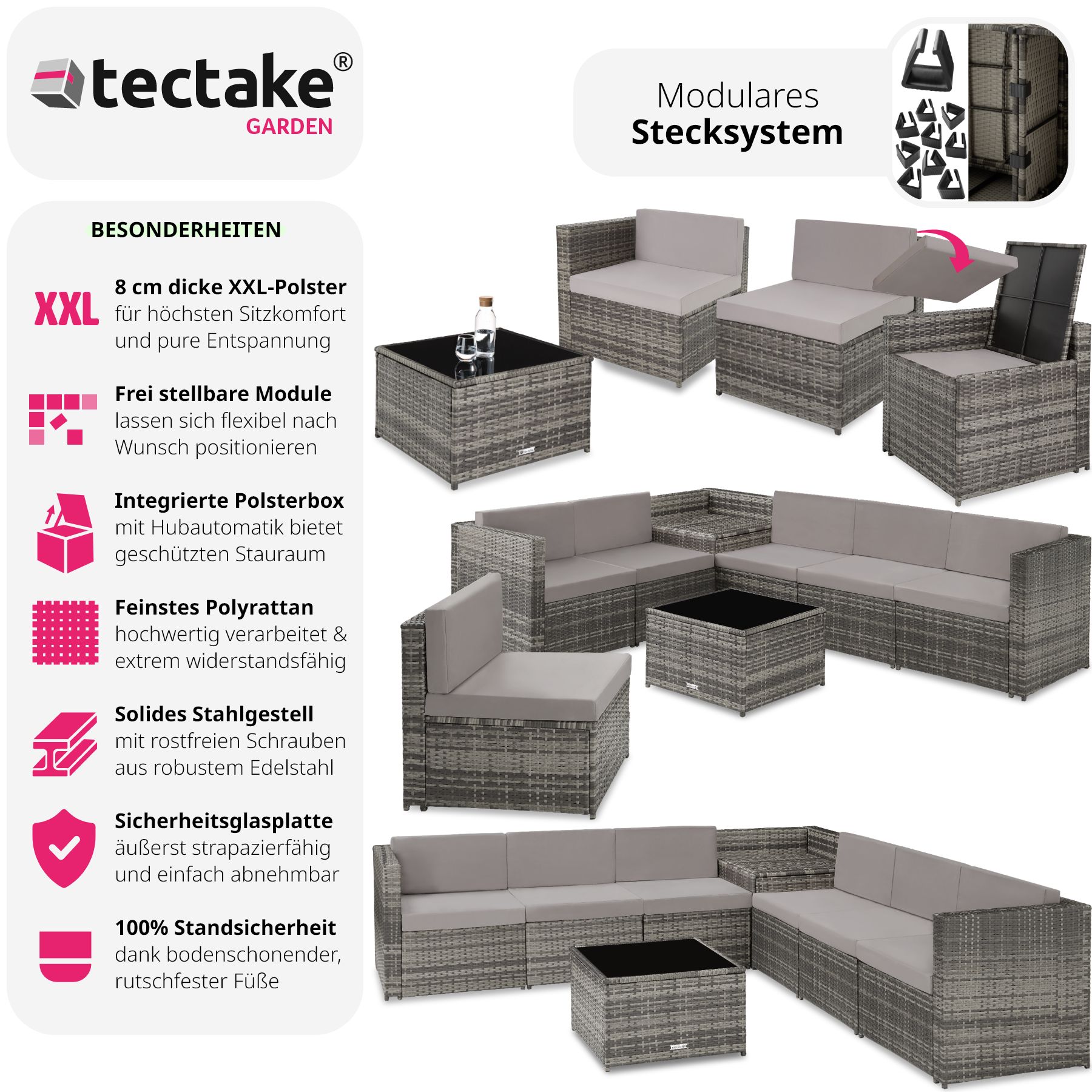 tectake® Rattan Lounge, für 6 Personen, große Aufbewahrungsbox, mit Sicherheitsglasplatte
