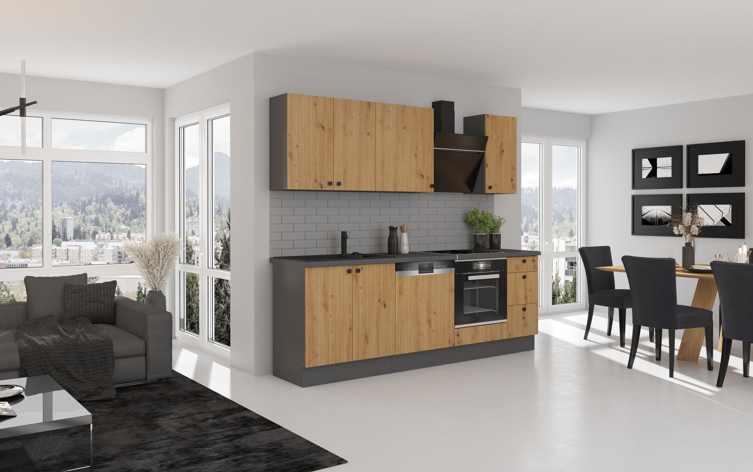 Küche AVA Basic 240 cm Eiche Artisan Grau Küchenzeile Küchenblock Einbauküche