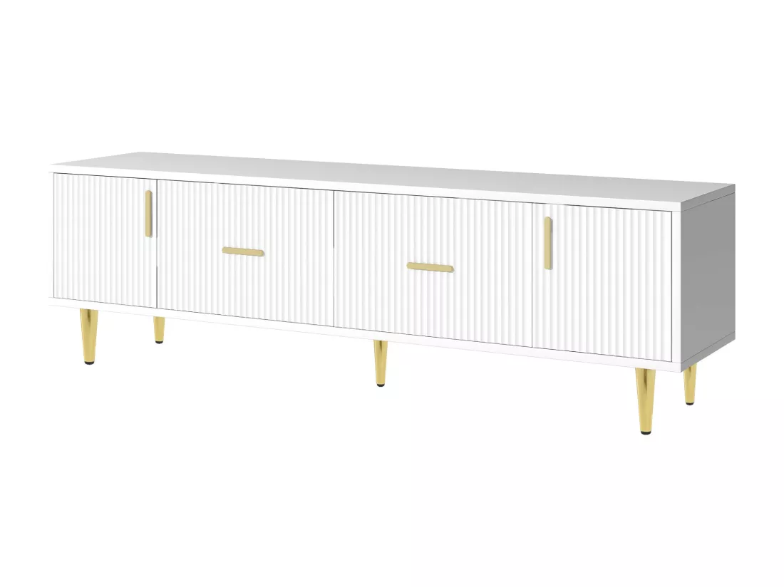 Meuble TV design élégant avec rayures verticales blanc façade poignées dorées avec 2 tiroirs L170 cm DERLA
