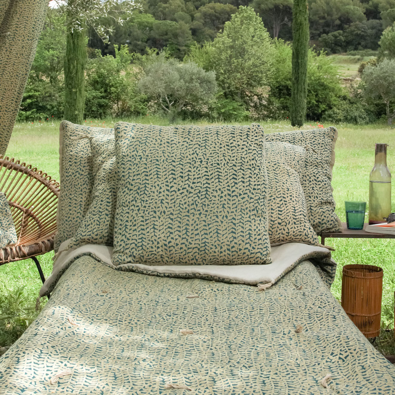 En Fil d'Indienne Housse de coussin Lierre lin paon - 45x45 cm