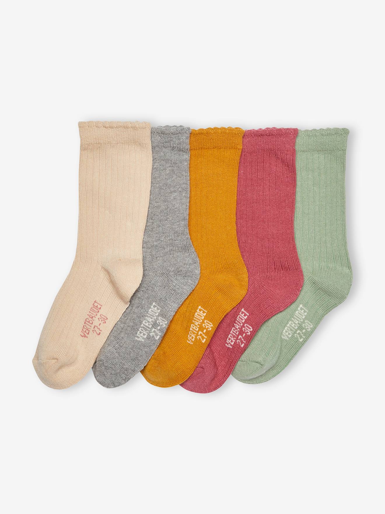 Pacote com 5 pares de meias caneladas infantis, tamanho médio, bege bicolor/multicoloridas.
