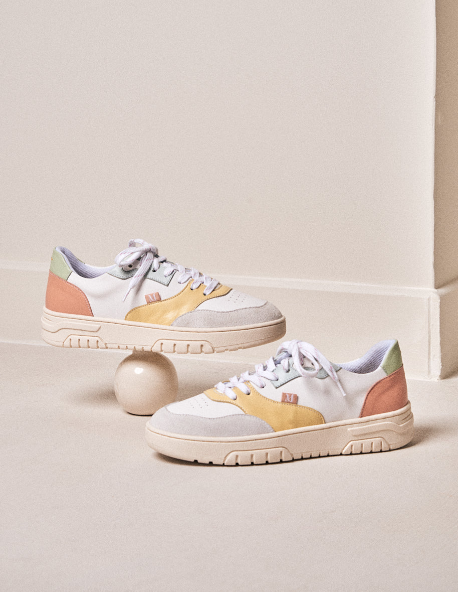 Baskets basses Albertine - Cuir et suède blanc citron ciel