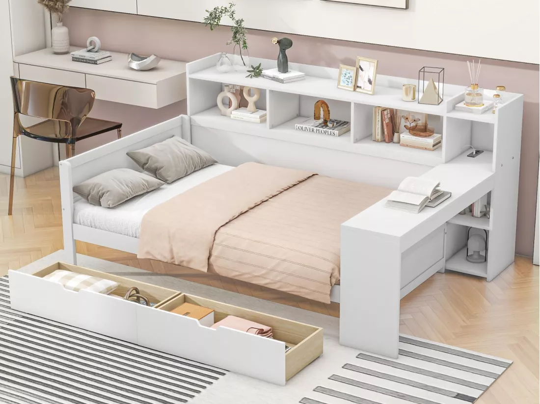 Lit banquette 90x200cm - bureau avec prise USB - 2 tiroirs & étagères - Blanc (matelas non inclus)