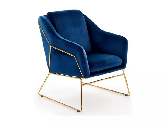 Fauteuil en velours bleu avec structure design en métal doré JAZZY