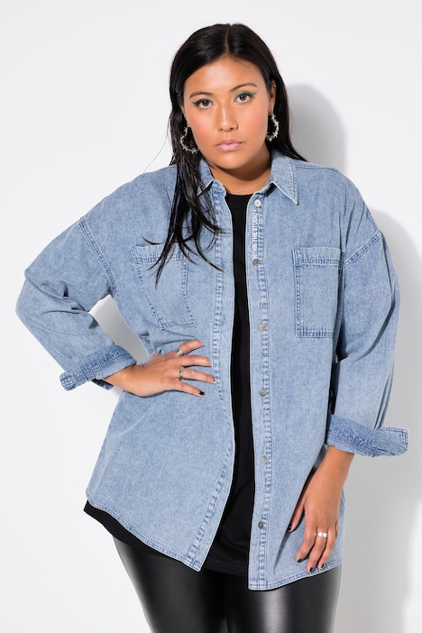 Jeanshemd, oversized, Knopfleisten-Stickerei