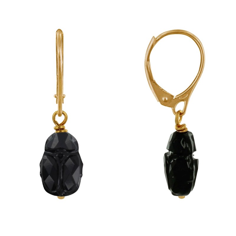 Boucles d'Oreilles Dormeuse Plaqué Or Scarabée en Cristal Noir