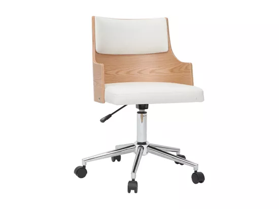 Chaise de bureau à roulettes design blanc, bois clair et acier chromé MAYOL