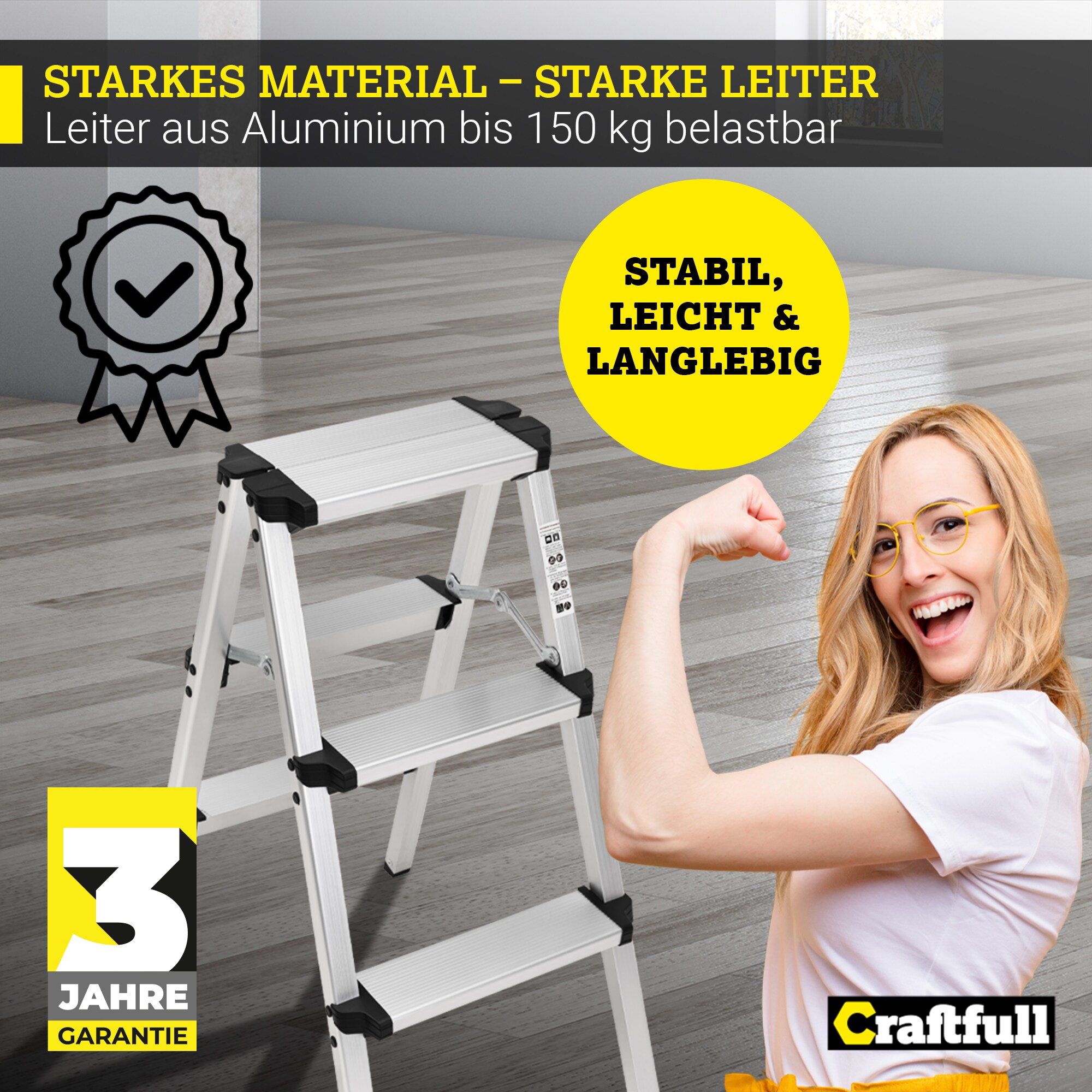 Craftfull Trittleiter CF-131A, 2-5 Stufen, Doppel-Klapptritt aus Aluminium, Anti-Rutsch, klappbar (2 x 2 Stufen)