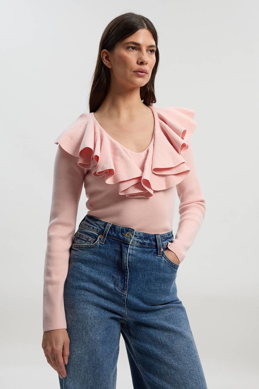 KarenMillen Haut en Maille à Col V Volants Aspect Laine Compacte