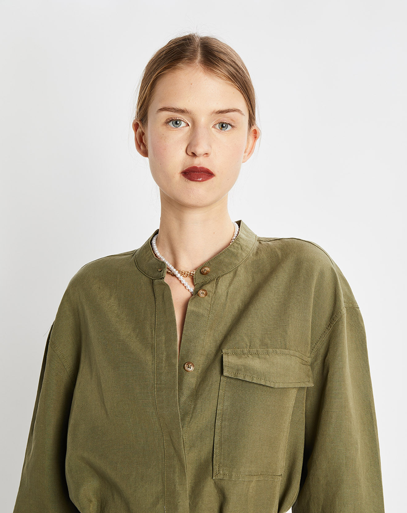 Marc O'Polo Robe Chemise en Lin mélangé Col Mao Tencel kaki