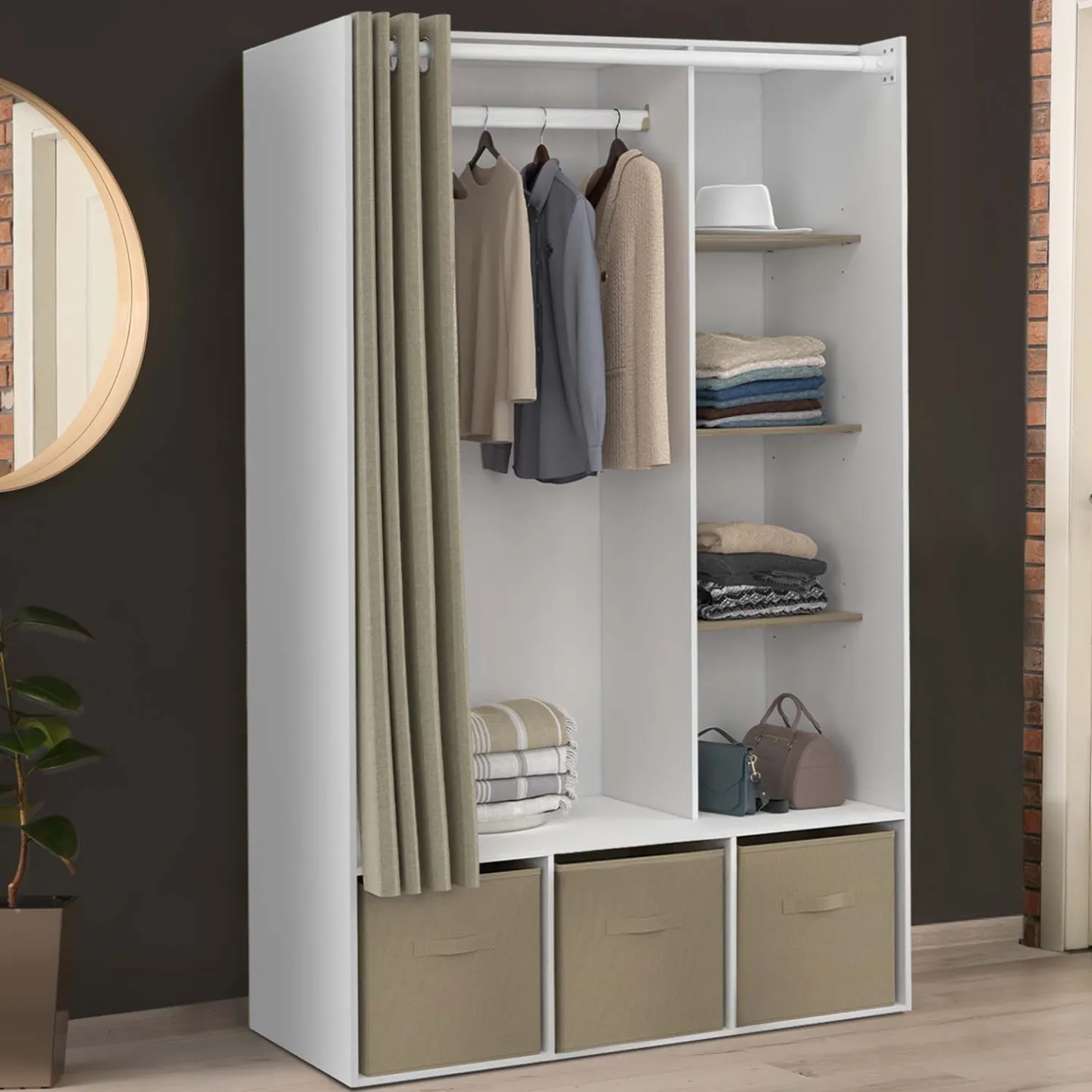 Dressing penderie DIANE 105 x 50 x 172 cm blanc avec étagères + boites de rangement + rideau taupe