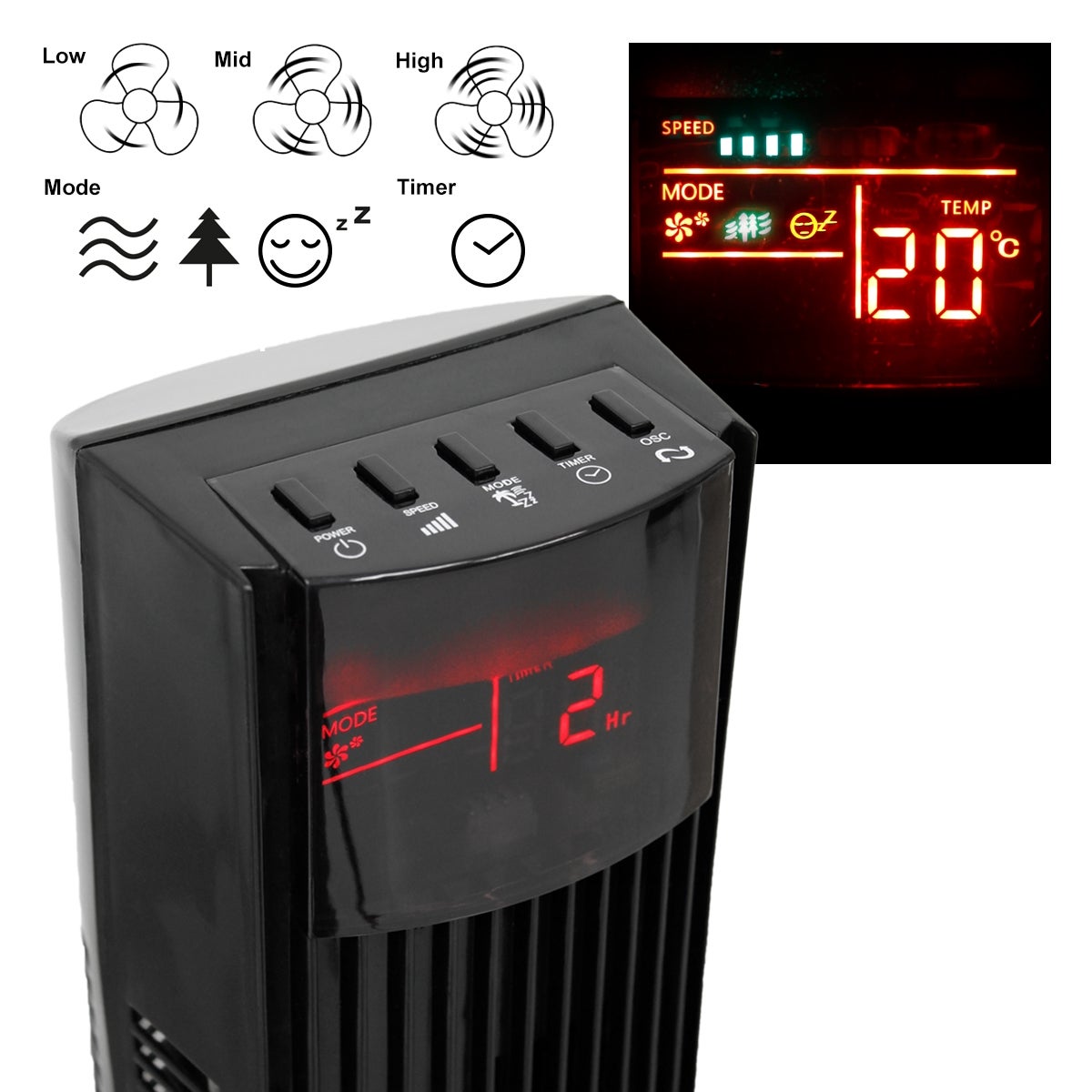 ECD Germany Torenventilator met LED-display en afstandsbediening XL, 45W, 116 cm, zwart, met 3 snelheidsstanden en ventilatiestanden, 140° oscillatie, staande ventilator, kolomventilator