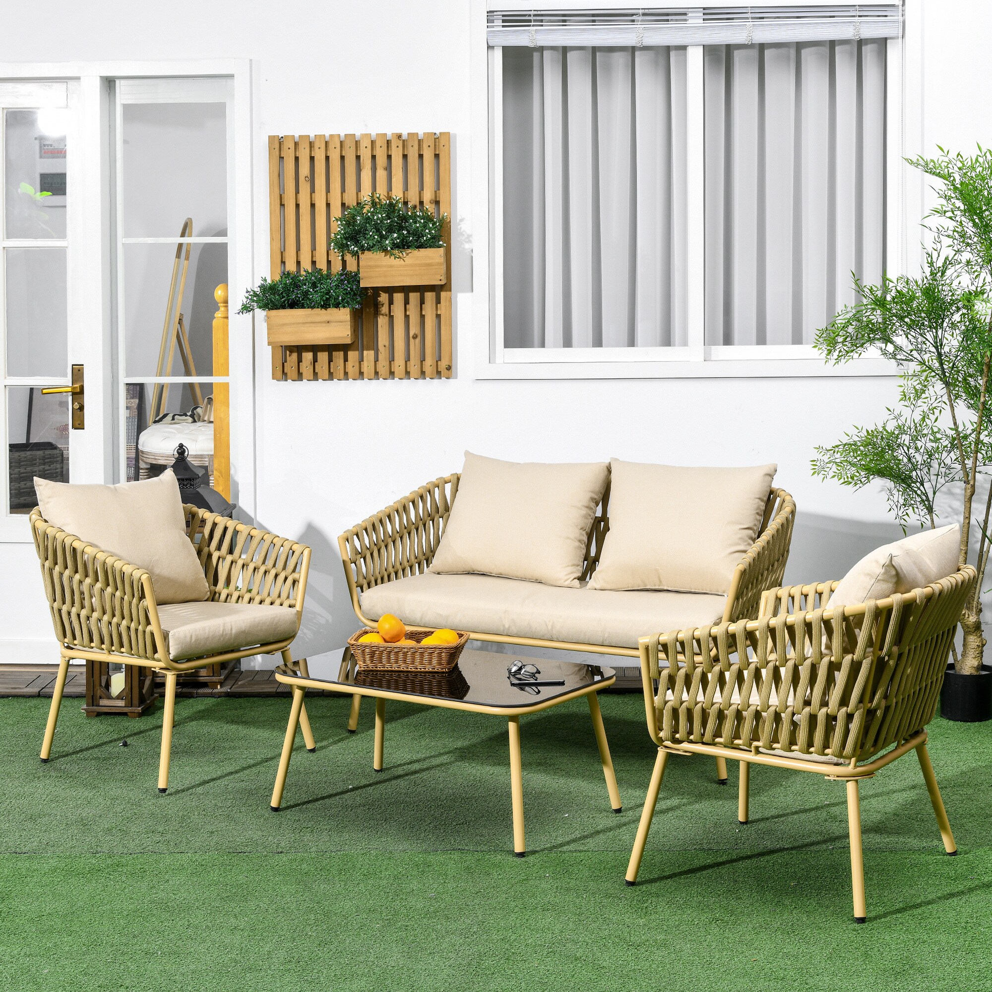 Outsunny Gartenmöbel-Set mit 2er Bank, 2 Stühlen und Polsterkissen braun 130L x 66B x 72H cm